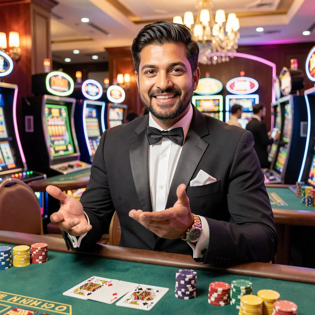 Professional Bangladeshi casino presenter inviting players to sign in with glowing cards and chips in a secure 14OK casino environment