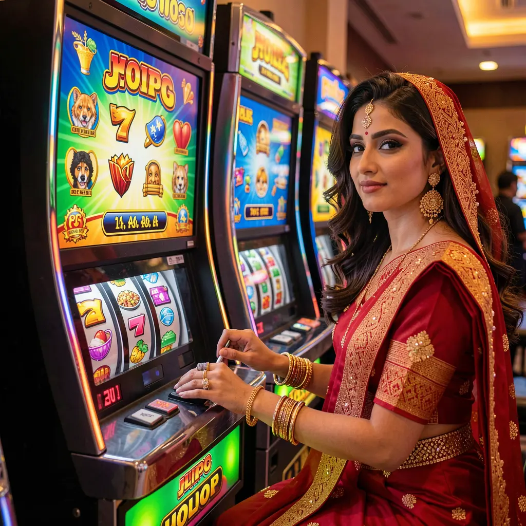 A stylish Bangladeshi player enjoying modern slot machines with glowing symbols and immersive visuals at 14OK casino